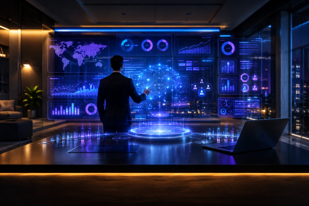 **Professional digital marketing command center with holographic AI analytics dashboard, SEO data, social media metrics, and glowing blue-purple charts in a futuristic office.**