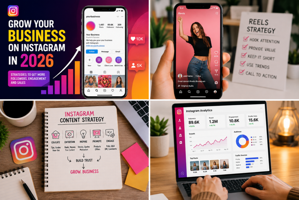 Instagram business growth strategy in 2026 featuring Instagram profile, Reels strategy, content planning, and analytics dashboard.”