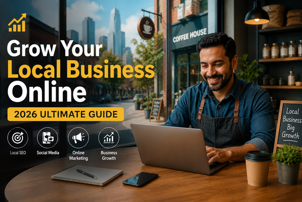 **Alt Text:** `Local business owner using laptop to grow local business online with digital marketing strategy in 2026`