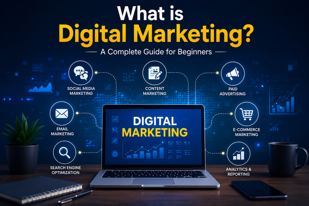 Digital marketing guide for beginners showing SEO, social media, content marketing, email marketing, paid advertising and analytics